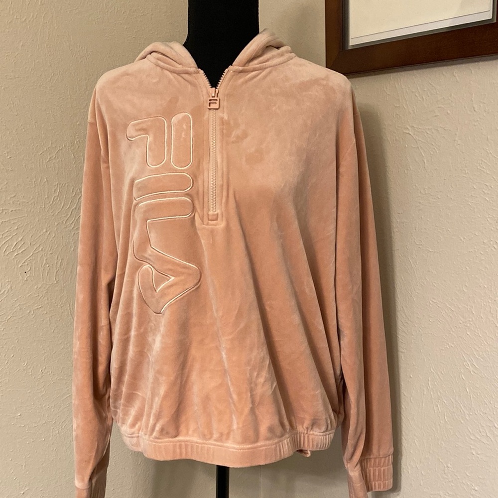 Fila Velour Velvet  Hoodie Peach Sweatshirt Spellout Size XL